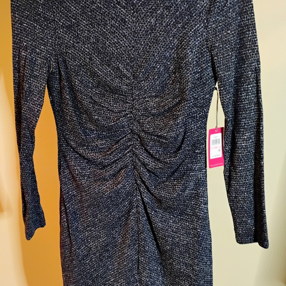 Vince Camuto Black and Gray Ruched Long Sleeve Dress